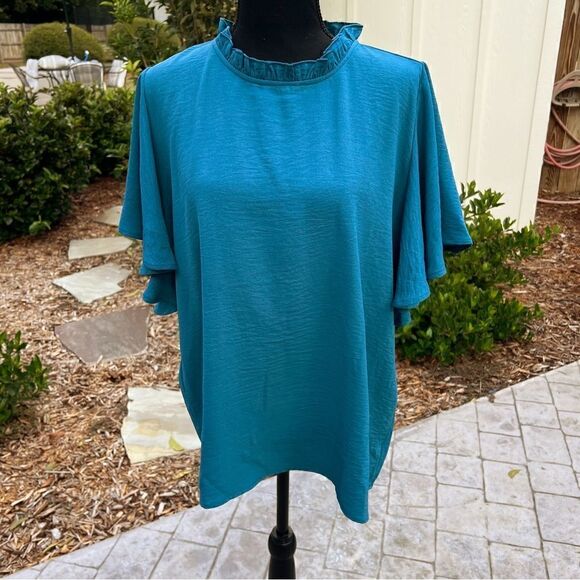 Aifer Turquoise Ruffle Collar Blouse w button closure in back & Flutter sleeves - Picture 2 of 12